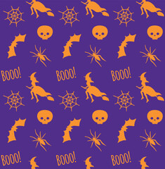 Sticker - Vector seamless pattern of hand drawn flat halloween doodles isolated on violet background