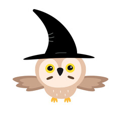 Poster - Vector flat hand drawn Halloween owl in witch hat isolated on white background