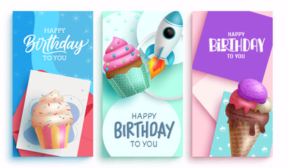 Happy birthday vector poster set design. Birthday greeting text with colorful party elements decoration for invitation card background. Vector Illustration. 
