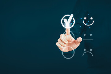 Poster - Man touching the virtual screen on the happy smiley face icon to give satisfaction in service. Rating very impressed. Customer service, testimonial satisfaction concept.