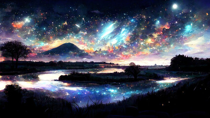 Wall Mural - Night with galaxy, Movie Atmosphere, Beautiful Colorful Landscape, Anime Comic Style Art Illustration.