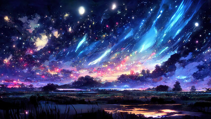 Wall Mural - Night with galaxy, Movie Atmosphere, Beautiful Colorful Landscape, Anime Comic Style Art Illustration.