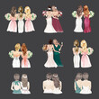 Set of hand drawn Brides and Bridesmaids with beautiful hairstyle flower watercolor illustration