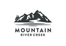 Mountain Landscape Hills Peak And Lake River Creek Logo Design Template