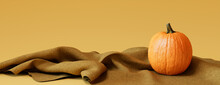 Contemporary Fall Background With Pumpkin On Yellow Blanket.