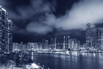 skyline of Harbor in Hong Kong city at night