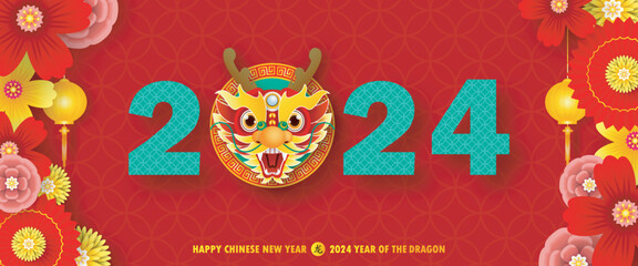 Wall Mural - Happy chinese new year 2024 year of the dragon zodiac sign with flower,lantern, fan elements gong xi fa cai, greeting card paper cut style background vector illustration Translation Happy New Year