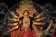 Idol of Goddess Devi Durga at a decorated puja pandal in Kolkata, West Bengal, India. Durga Puja is a famous and major religious festival of Hinduism that is celebrated throughout the world.