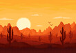 8bit pixel desert landscape, arcade game level vector background with mountains and sunset. 8 bit pixel art game cartoon landscape of Arizona or Texas desert with canyon rocks, cactus, birds and sun