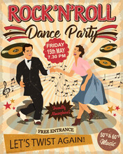 Rock And Roll Dance Party Retro Poster With Dancing Couple Man And Woman.