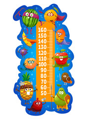 Wall Mural - Kids height chart cartoon fruits superhero characters, growth meter. Vector wall sticker with watermelon, orange, mango, apple and plum, pear, garnet and pineapple, apricot or kiwi, banana characters