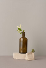 Vertical Contemporary Still Life Studio Shot Of Brown Glass Vessel, Gypsum Brick And Green Plants Against Gray Background
