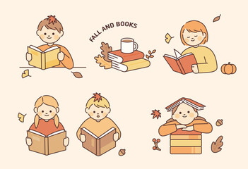 Wall Mural - cute children are reading books. fallen leaves are decorated around it.