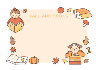 Boy and girl reading a book. It is piled up next to autumn leaves around it. message card.