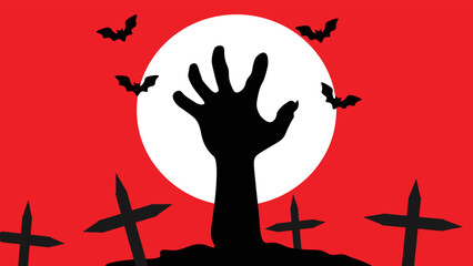 Halloween holiday concept, a black shadow of a zombie hand rising from the ground. moon vector illustration red background