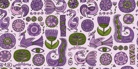 Poster - Magic fantasy birds and flowers. Vintage seamless pattern background for your design. Vector illustration