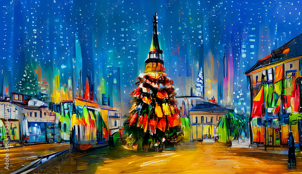 A Christmas tree decorated with garlands and colorful balls stands on ...