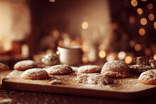 Making Christmas Cookies In A Rustic Kitchen, Photorealistic Illustration