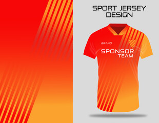 Wall Mural - Orange yellow t-shirt sport design template with abstract gradient line pattern for soccer jersey. Sport uniform in front view. Tshirt fabric design and mockup for sport club. Vector Illustration
