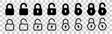 Locks Icons Set. Locked And Unlocked Vector Icon Set. Lock Symbol Isolated On Transparent Background. Padlock Symbol. Privacy Symbol Vector Stock Illustration.