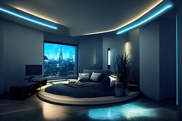 futuristic apartment in blue colours, modern minimalist interior design, extravagant living room, fi