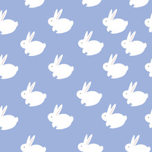 Simple Rabbits Pattern. Cute White Rabbits,  Light Blue Background. Fashionable Print For Children's Textiles, Wallpaper And Packaging.	