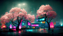 Fantasy Japanese Night View City Citycape, Neon Light, Residential Skyscraper Buildings, Pink Cherry Sakura Tree. Night Urban Anime Fantasy.