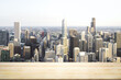 Blank table top made of wooden planks with beautiful Chicago cityscape at daytime on background, mockup