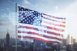 © Pixels Hunter - Multi exposure of abstract creative digital world map hologram on USA flag and blurry skyscrapers background, research and analytics concept
