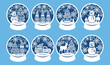 Snow globe ball christmas winter collection set with gnomes, santa, deer, tree. Simple blue illustration of 8 snowglobe ball Christmas flat illustration vector icons perfect for papercut card, print