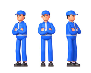 Wall Mural - 3d render of worker, courier or postman in blue uniform confident, posing with arms crossed on chest