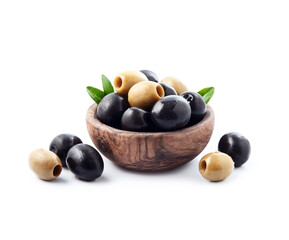 Poster - Olives fruits in wooden plate on white backgrounds.