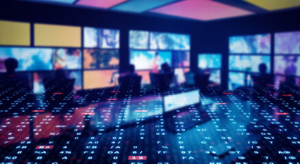 Group of people watching monitors and digital data concept.