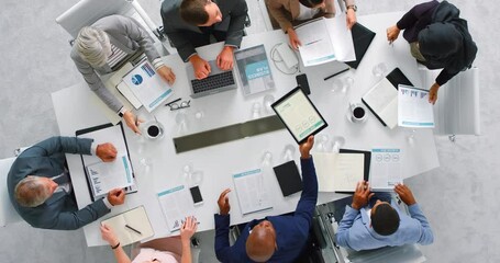 Poster - Business meeting, teamwork and planning with technology in office with business people working on innovation creative new company idea. Growth, online goal of corporate worker collaboration report