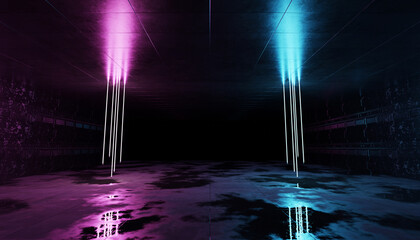 Aufkleber - Futuristic blue and pink neon lights interior. Cyber neon laser tubes in garage room hangar. Sci fi dark tunnel warehouse with metal panels wall lighted. Construction corridor 3d Rendering