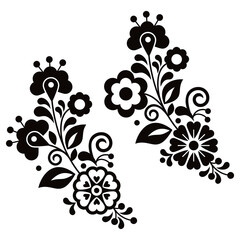 Wall Mural - Mexican folk art style vector floral pattern set of two, black and white designs collection inspired by traditional embroidery from Mexico
 
