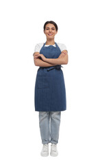 Wall Mural - Young woman in blue apron on white background