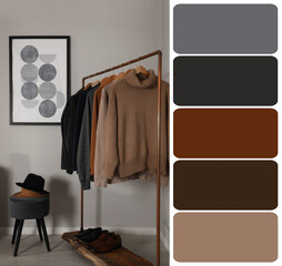 Color palette appropriate to photo of stylish women's clothes on rack in room