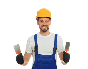 Poster - Professional worker with putty knives in hard hat on white background