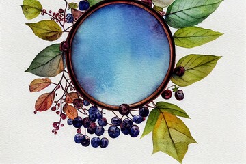 Wall Mural - Watercolor botanical circle frame with colorful leaves and berries. Seasonal autumn elegant art with forest elements.. High quality illustration