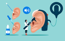 Doctors Audiologist With Instrument Check Huge Sick Ear, Otolaryngologist Character Checking Hearing. Otitis, Pain Or Tinnitus Disease Treatment. Cochlear Implant And Hearing Aid.