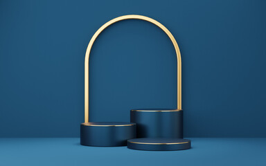 Wall Mural - 3 Empty blue cylinder podium with gold border arch on wall background. 3d empty pedestal mockup space for display product. Abstract dark minimal geometric object. 3d rendering illustration.