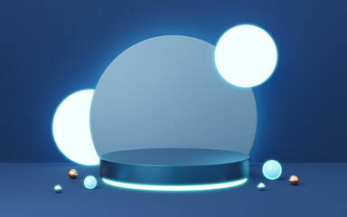 Wall Mural - 3D blue cylinder pedestal with gold ball, neon circle lighting on copy space background. Empty modern podium mockup. Abstract technology dark minimal geometric object. 3d render illustration.