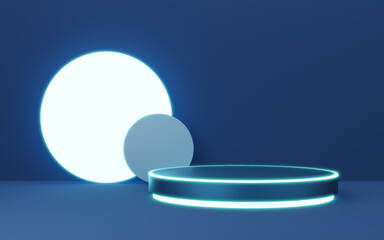 Wall Mural - 3D blue cylinder pedestal with neon border, gold ball, circle lighting on copy space background. Empty modern podium mockup. Abstract technology dark minimal geometric object. 3d render illustration.