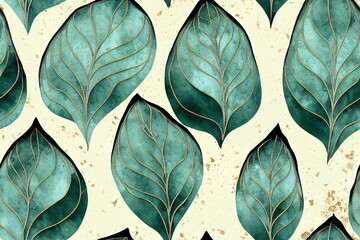 Poster - Imprints abstract ornate tender leaves mix repeat seamless pattern. Digital hand drawn picture with watercolour texture. Mixed media artwork. Endless motif for textile decor and botanical design. High