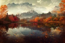 Autumn Landscape Moutains Lakes And Forest. High Quality Illustration