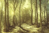 Fototapeta Las - Sunny forest background. illustration of woods in forest in sunlight background.. High quality illustration