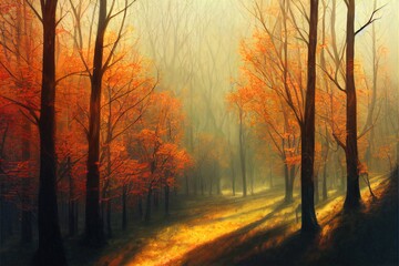 Poster - Extra Wide Panorama Of Gorgeous Autumn Forest painting. High quality illustration