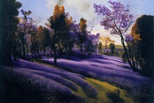 Beautiful Woodland Bluebell Forest In Spring. Purple And Pink Flowers Under Tree Canopys With Sunrise At Dawn. High Quality Illustration