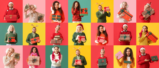 collage with many happy people holding christmas gifts on color background